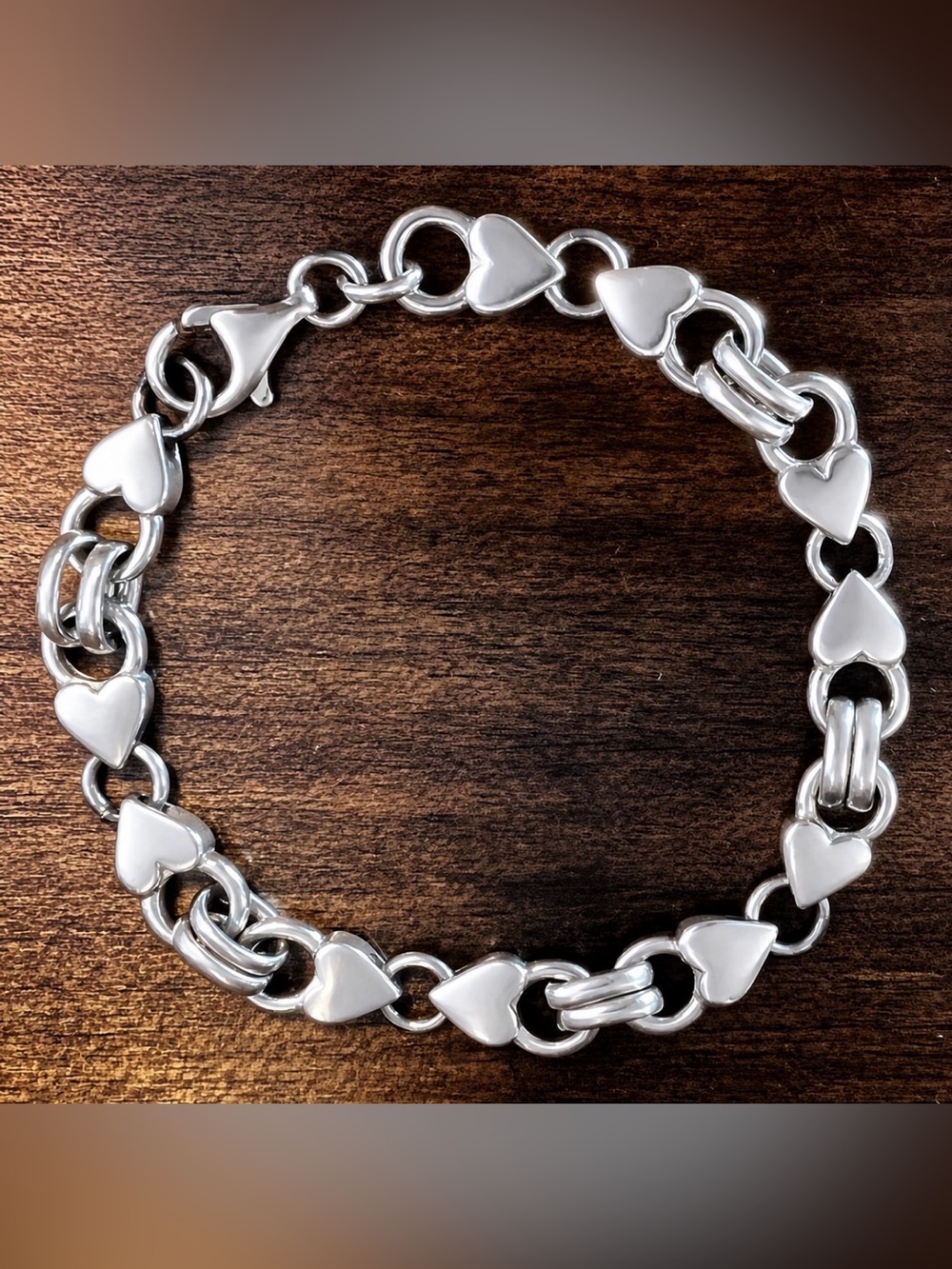 Vintage Heart Link Chain Bracelet Sterling Silver 925 Size 6.5inch
